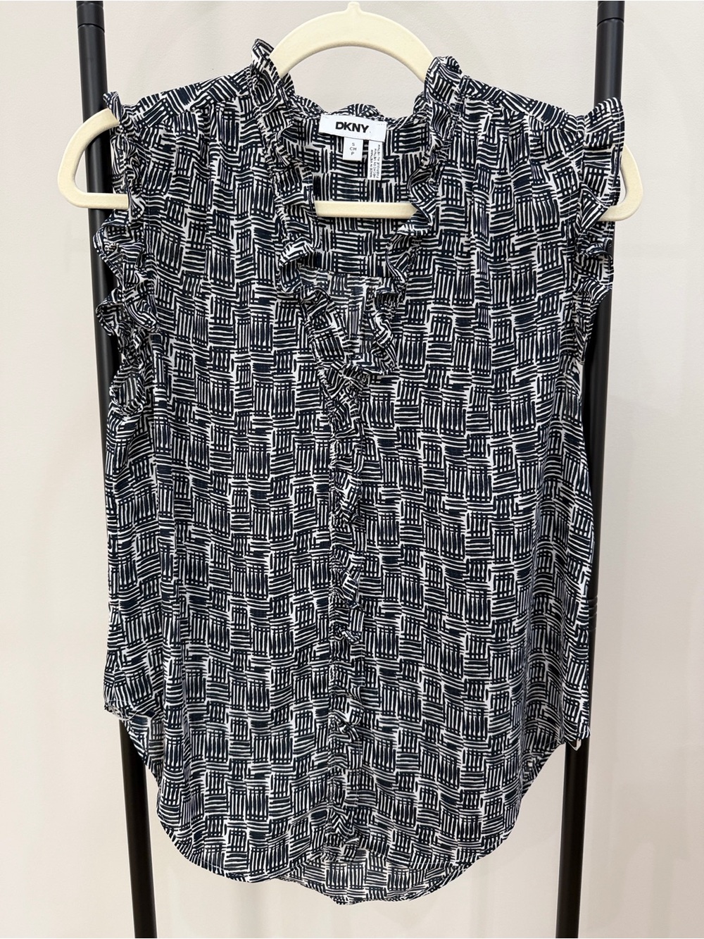 DKNY Black & White Grid Ruffle Cap Sleeve Blouse